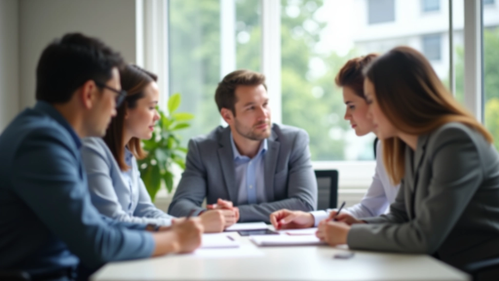 Group of diverse professionals in casual meeting, discussing goals and progress, writing notes together in collaborative workspace