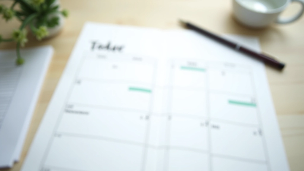 Calendar and planning pages spread on desk with pen and highlighted sections, organized schedule planning, overhead view, natural lighting