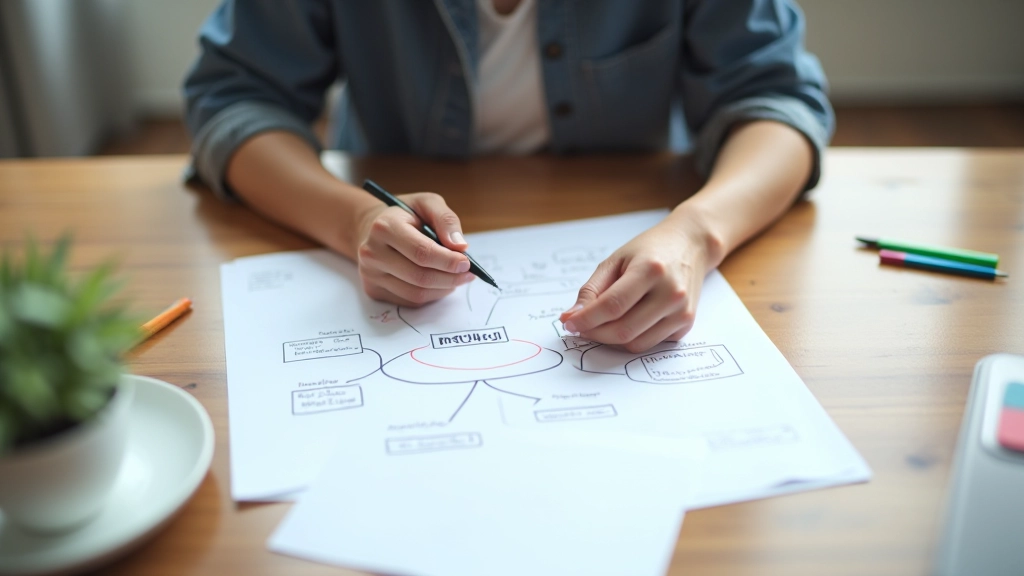Person at desk with multiple papers, writing notes and creating a mind map with connected ideas and circles