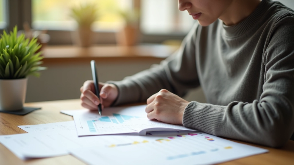 Person writing detailed goals in notebook with quarterly timeline chart, goal-setting workspace with materials