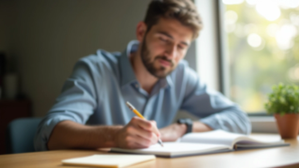 Person writing in a notebook with pen on wooden desk, morning light streaming in