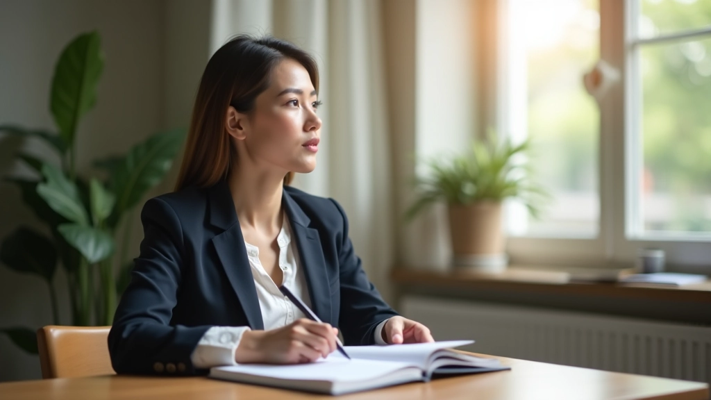 Woman sitting at desk with notebook and pen, looking thoughtfully out window at morning light