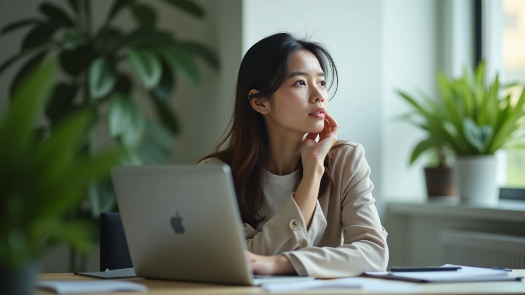 Professional woman at desk with laptop, thoughtful expression, office environment with plants