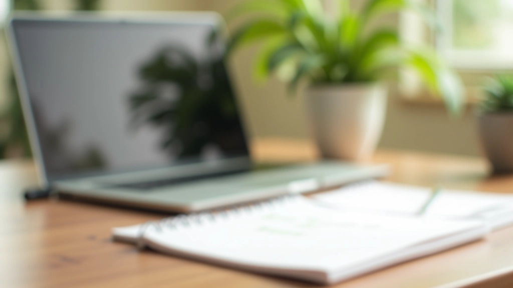 Workspace with laptop, open journal, and planning documents arranged on clean desk with plant in background