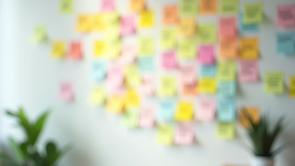 Colorful sticky notes on wall with handwritten goals and ideas, organized planning session, natural daylight, creative workspace