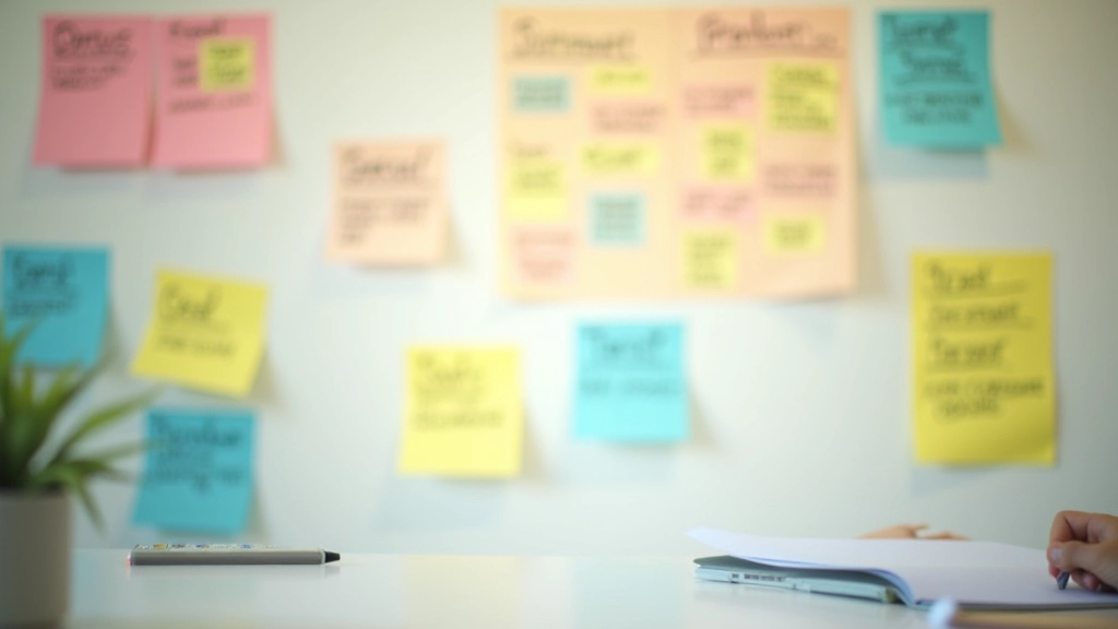 Workspace wall with planning notes, sticky notes, and vision board elements