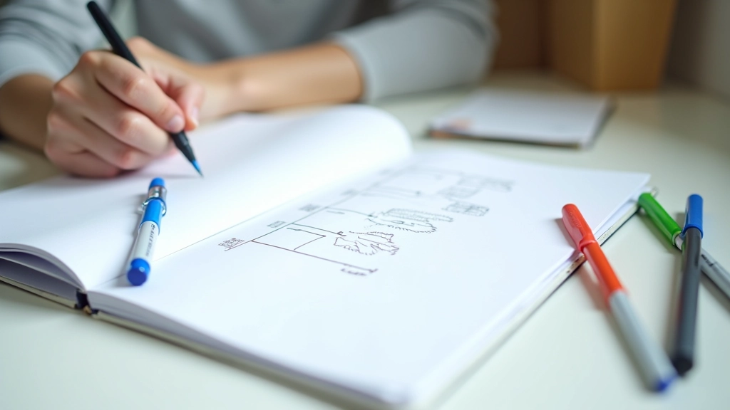 Open notebook with timeline sketches and colored markers on table, flat lay photography