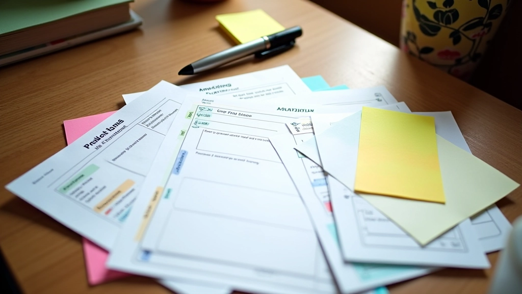 Planning session with multiple goal-setting documents, sticky notes, and strategic planning materials on wooden table
